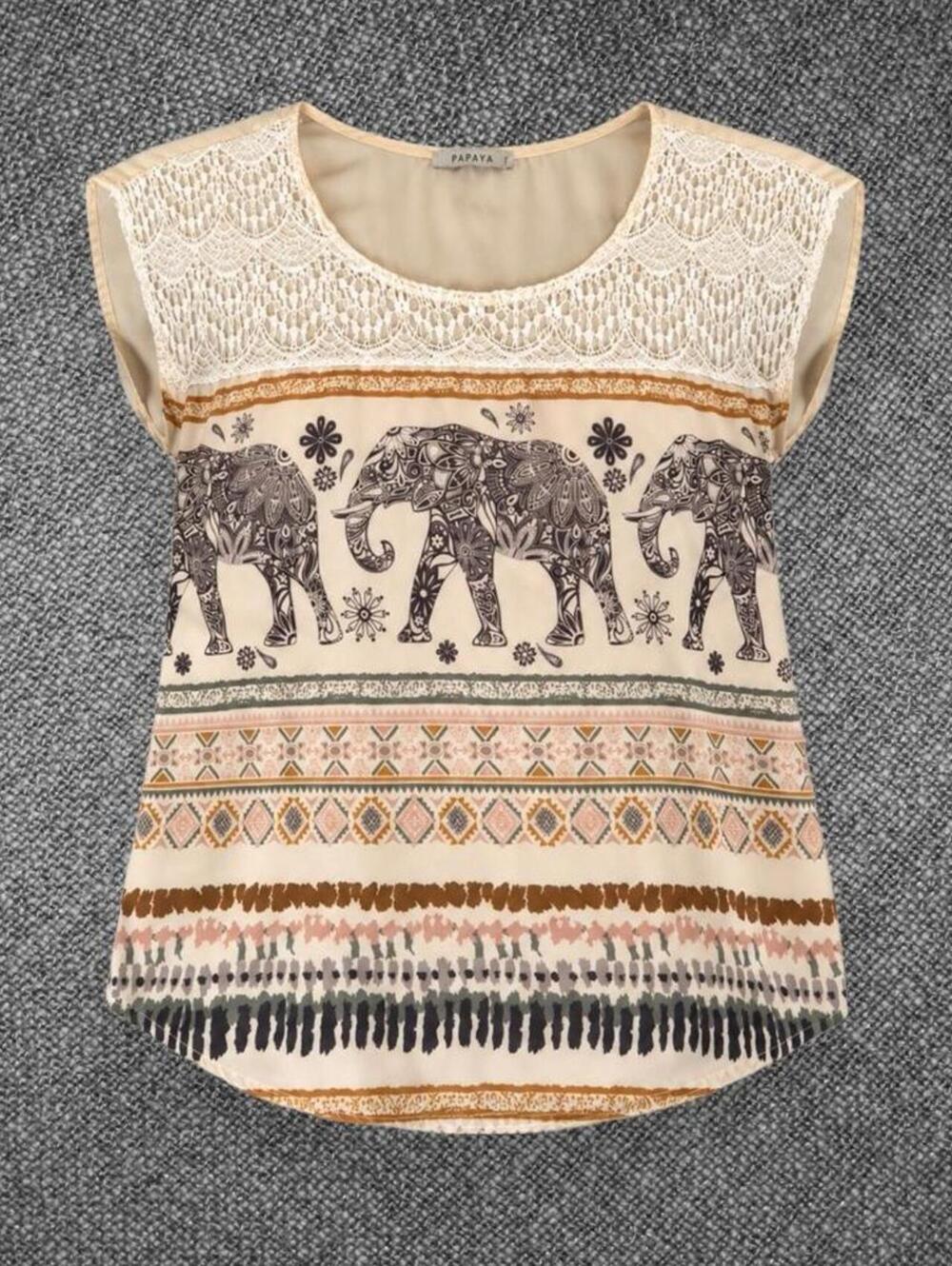 Papaya Elephant Print Lace Boho Blouse Size Small